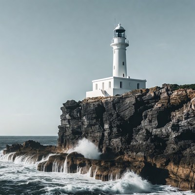 White Lighthouse on Rocky Cliff