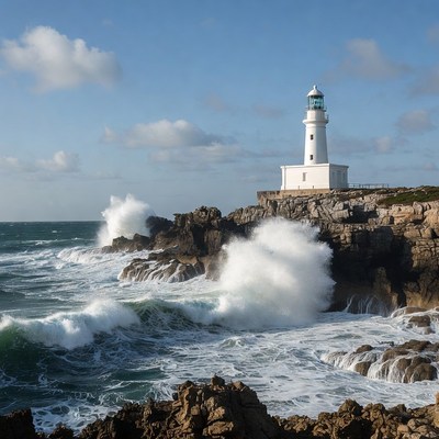 White Lighthouse on Rocky Cliff with Crashing Waves