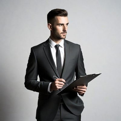 Man holding clipboard in suit