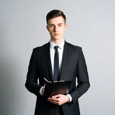Young man holding clipboard in suit