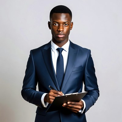 African-American man holding clipboard