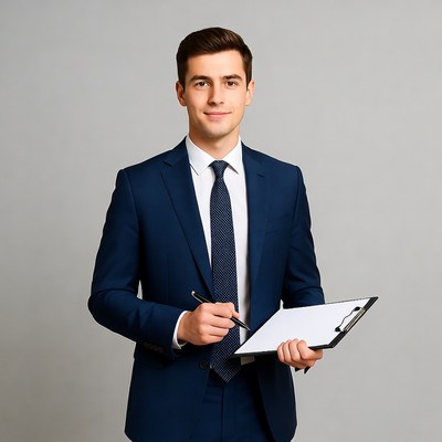 Businessman holding clipboard and pen
