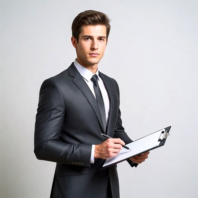 Man writing on clipboard in suit