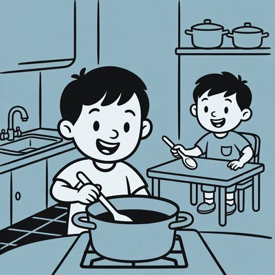 Boys cooking soup in kitchen