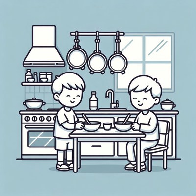 Boys eating soup at kitchen table
