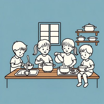 Children cooking together in kitchen