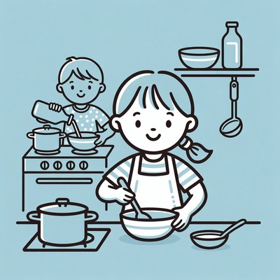 Girl and boy cooking in kitchen