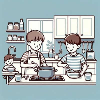 Family cooking soup in kitchen