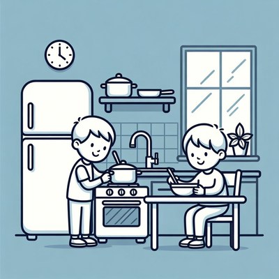 Boys cooking and eating in kitchen
