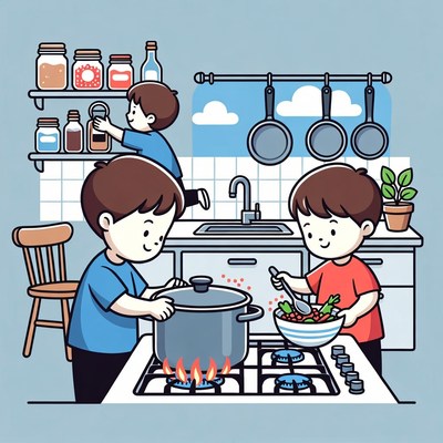 Boys cooking vegetables in kitchen