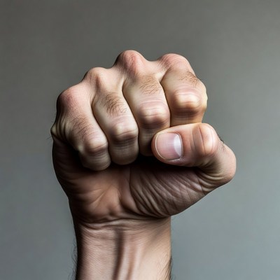 Clenched male fist raised up