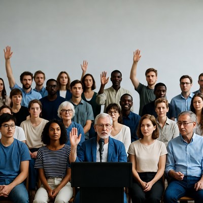 Man speaking at podium with diverse audience