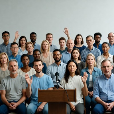 Diverse group raising hands at podium