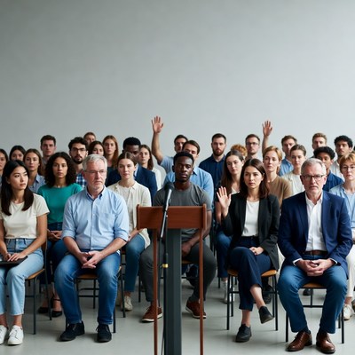 Diverse group raising hands at podium