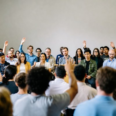 Diverse group raising hands in classroom