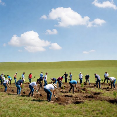 Group planting trees in green field