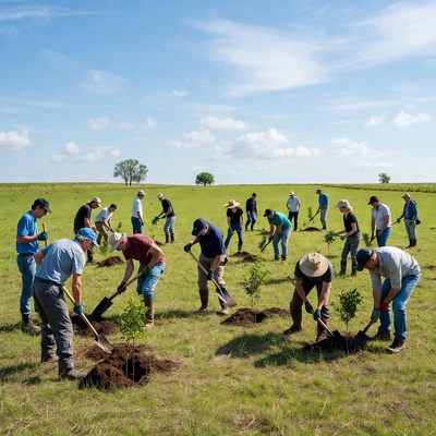 Group planting trees in field