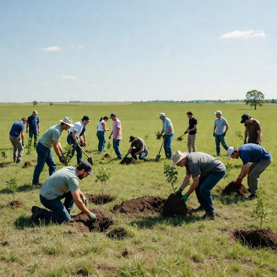 Group planting trees in field