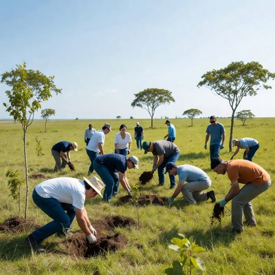 Group planting trees in grassy field