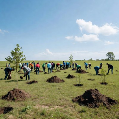 Group planting trees in field