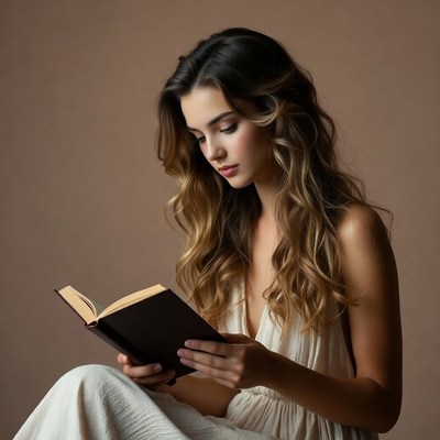 Woman reading book in white dress