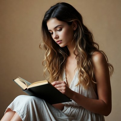 Woman reading book in white dress