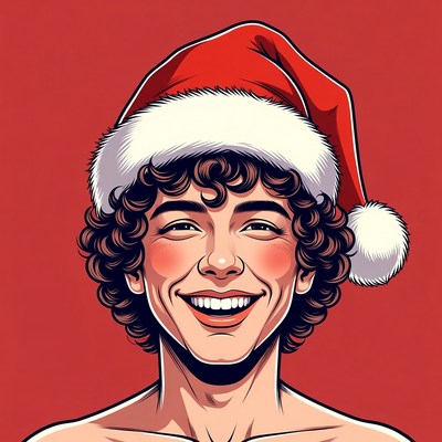 Smiling curly-haired man in Santa hat