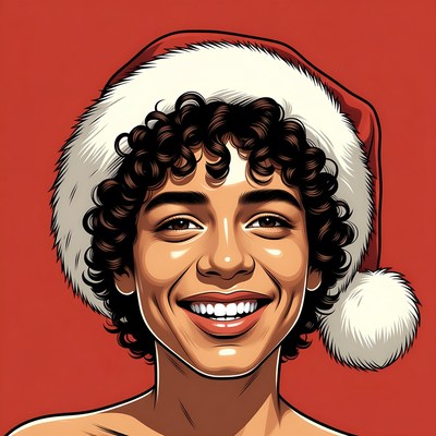 Smiling curly-haired person in Santa hat