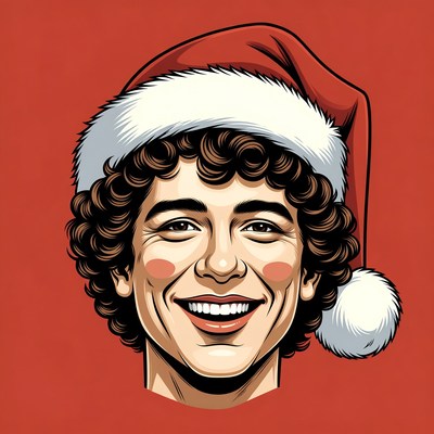 Man with curly hair wearing Santa hat