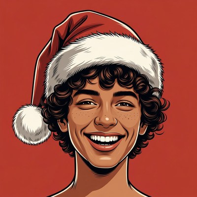 Smiling curly-haired girl in Santa hat