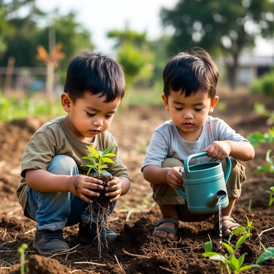 Asian boys planting watering seedlings