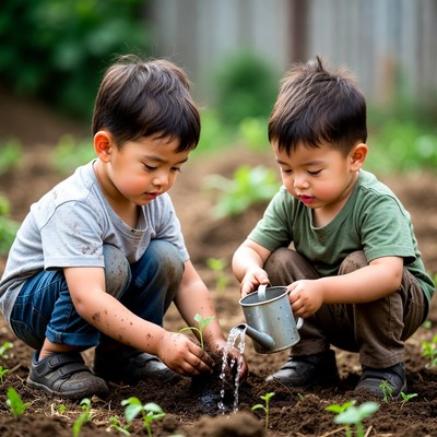 Twin Asian Boys Planting Seedlings