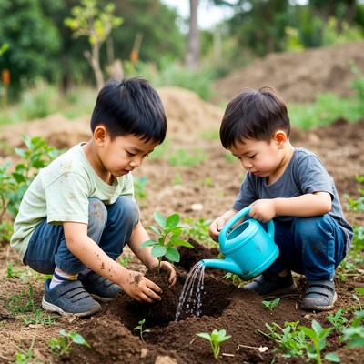 Asian boys planting tree with watering can