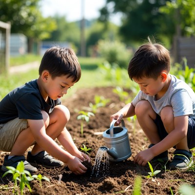 Two Asian boys watering garden plants