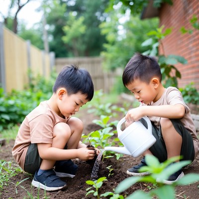 Two Asian boys planting seedlings