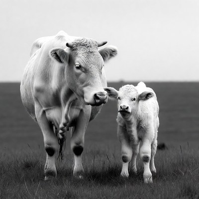 Mother Cow and Calf in Field