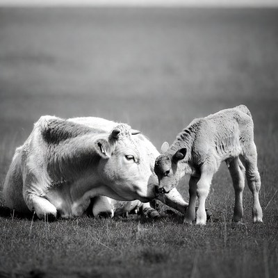 Mother Cow Nuzzling Calf