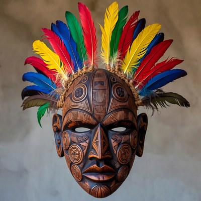 Colorful Feathered Tribal Wood Mask