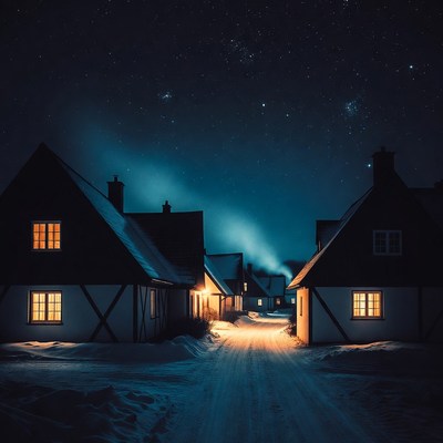 Snowy Cottages Under Aurora Borealis