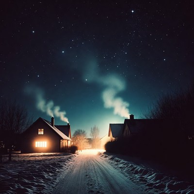 Snowy Houses with Chimney Smoke Under Starry Sky