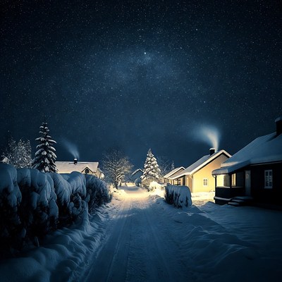 Snowy Cottages Under Starry Milky Way