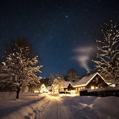 Snowy village under starry night sky