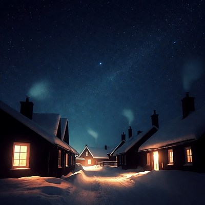 Snowy Cottages Under Starry Night Sky