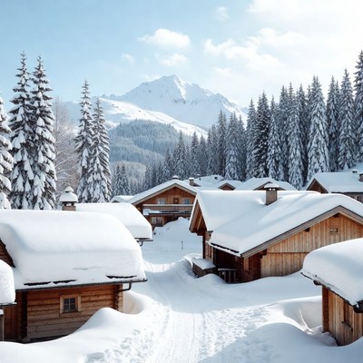 Snowy Alpine Chalets with Mountains