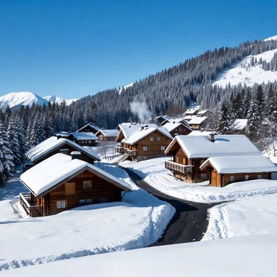 Snowy Chalet Village in Mountains