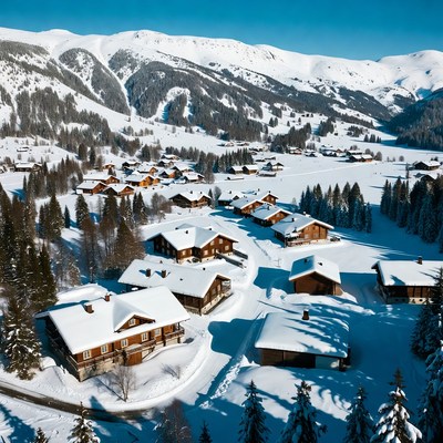 Snowy Alpine Village in Mountains
