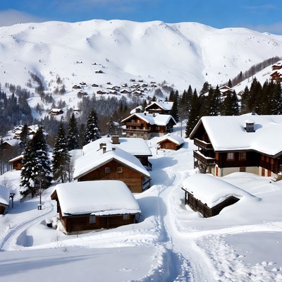 Snowy Alpine Village with Mountains