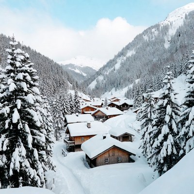 Snowy Alpine Village in Mountains
