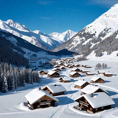 Snowy Alpine Village in Mountains