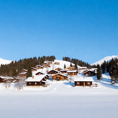 Snowy Alpine Village Under Blue Sky